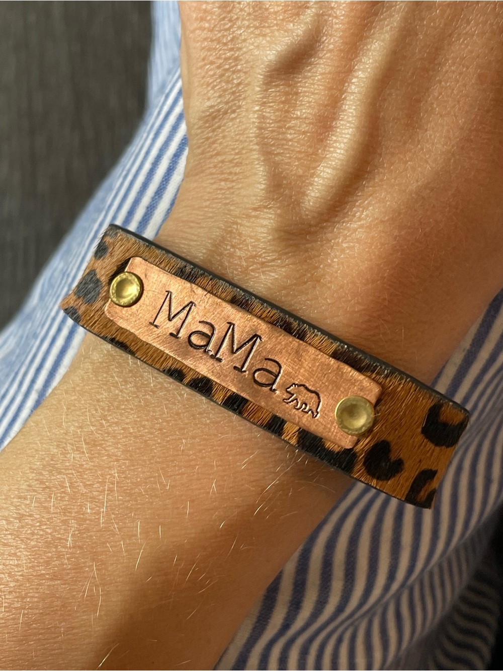 Mama Leopard Print Leather Bracelet with Copper Plate